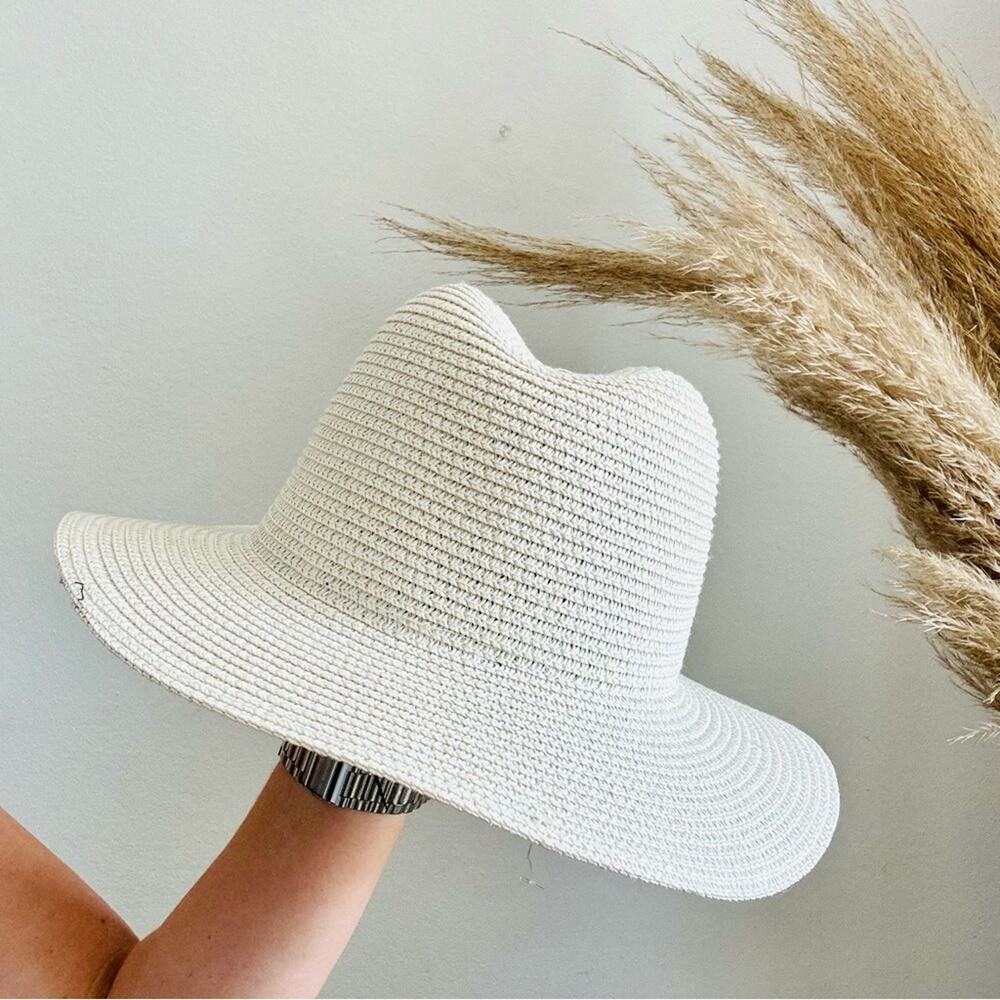 VINTAGE NORDSTROM Cream Tan Straw Wide Visor Brim Green Peacock Fedora Sun Hat - Picture 8 of 11